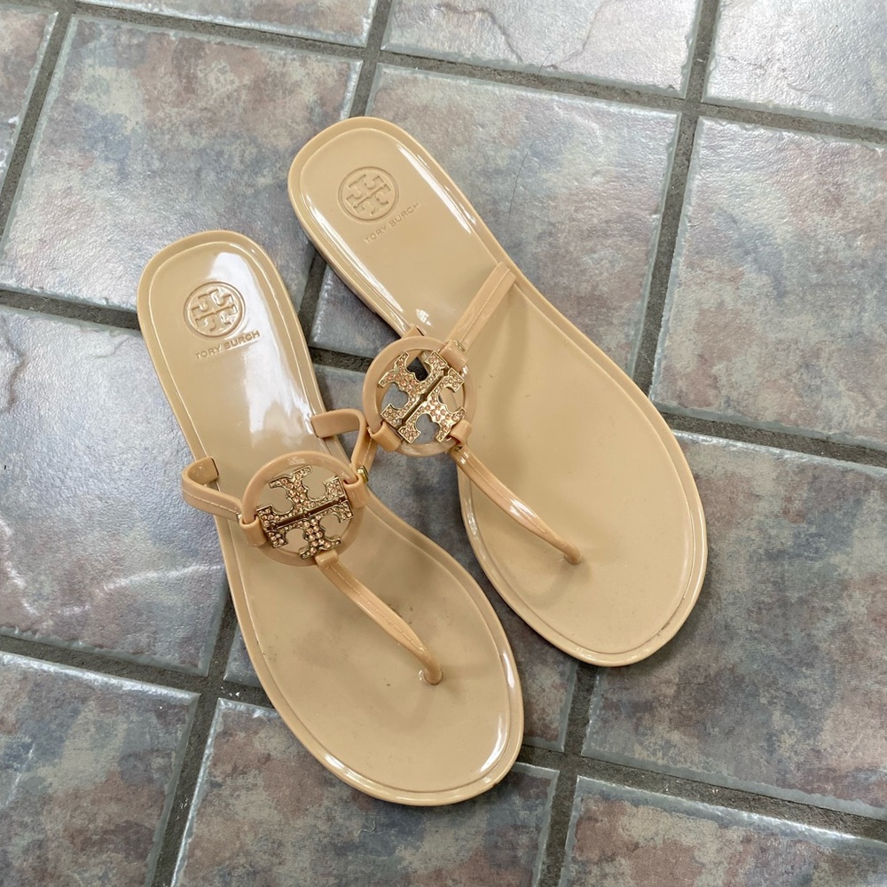 Tory Burch jeweled patent leather T strap sandals